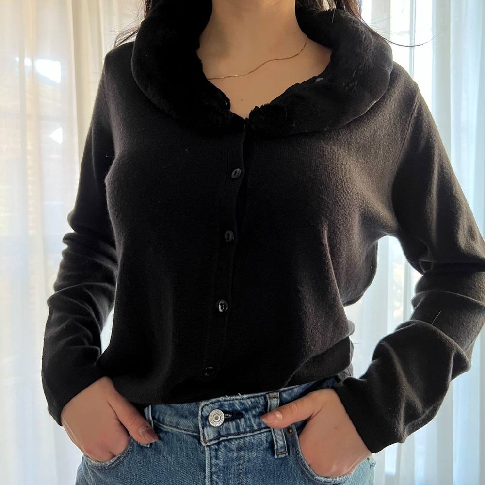 Vintage Faux Fur Trim Collar Knit Cardigan Top